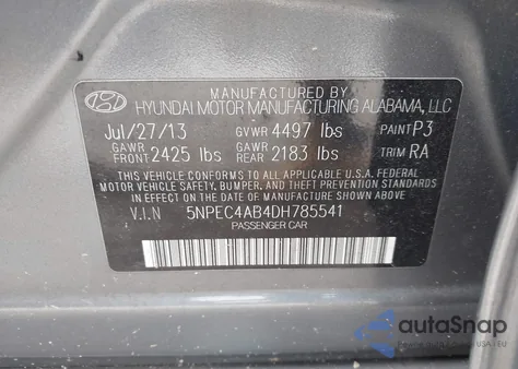 2013 Hyundai Sonata Se 2.0T из США, поврежденный, VIN 5NPEC4AB4DH785541